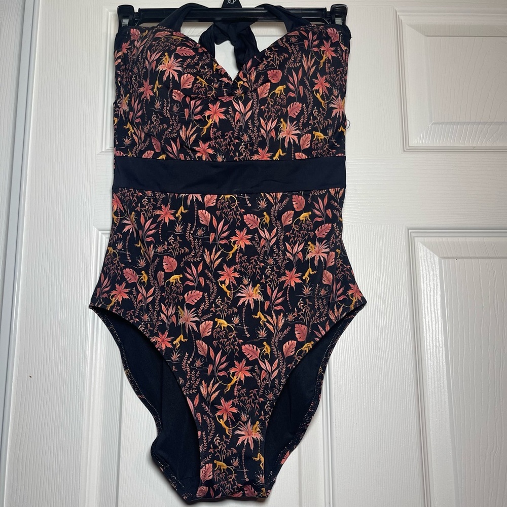 Fat Face United Kingdom Tropical Print One Piece Black Swimsuit size US 8